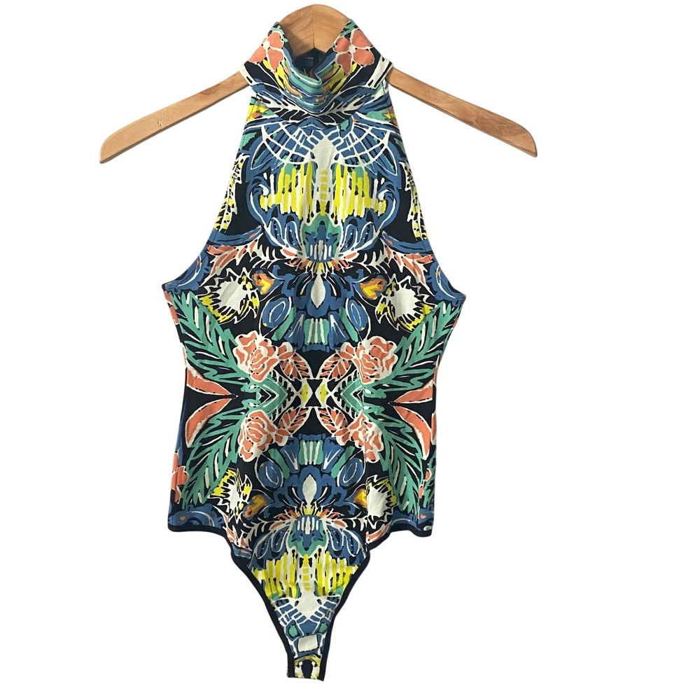 Free People Festival Boho Mock Neck Tucker Print Bodysuit Sz XSmall